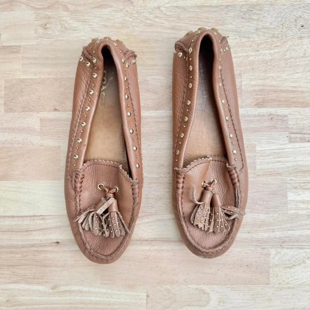 Coach Brown Leather and Gold Stud Flats‎ tassel fringe 5.5 loafer